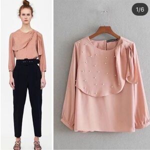 ZARA Asymmetrical Pearl Embellished Blouse with 3/4 Sleeves